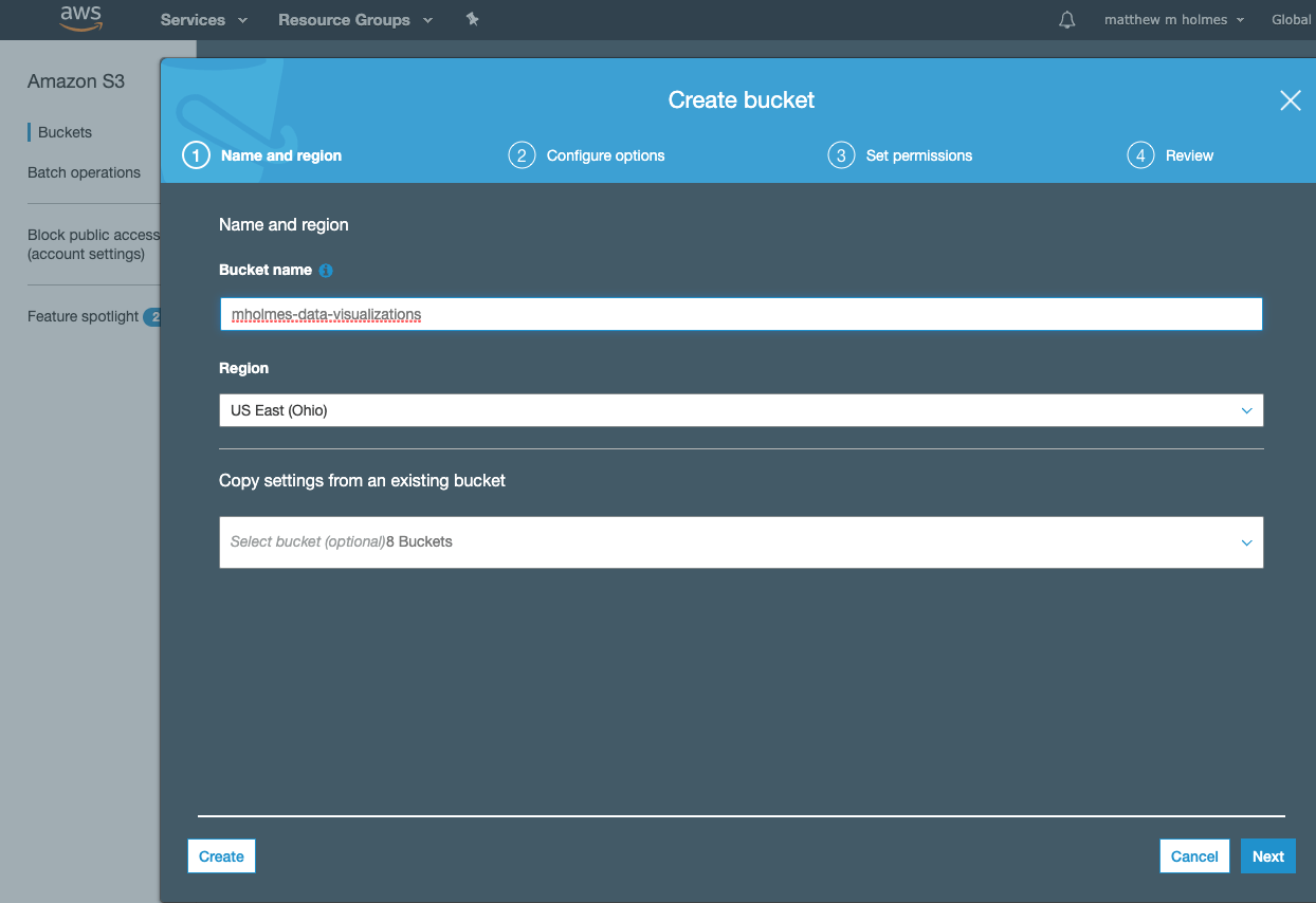  /></p><p>After setting the name, just hit next until your bucket is created. Once the bucket is created you will need to open the <em>Permissions tab</em> and turn off the <em>Block public access</em> settings. Then hit save.</p><p><img src=