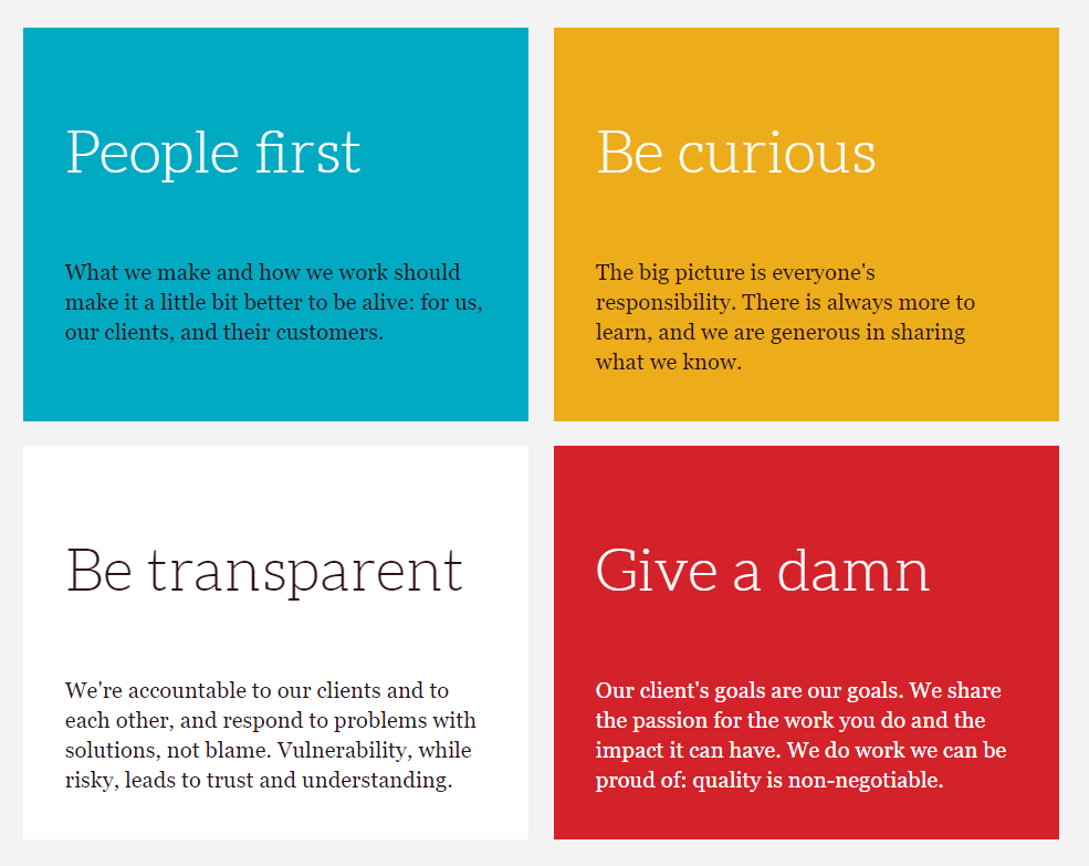 Highland's Four Core Values: People first, Be curious, Be transparent, Give a damn