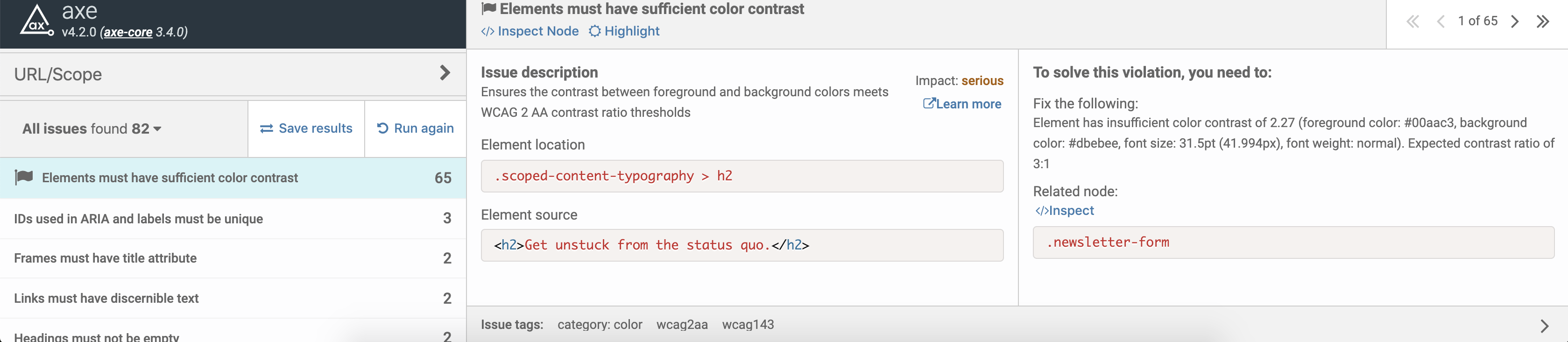 axe scree shot, showing 82 accessibility issues, with 'Elements must have sufficient color contrast' column highlated