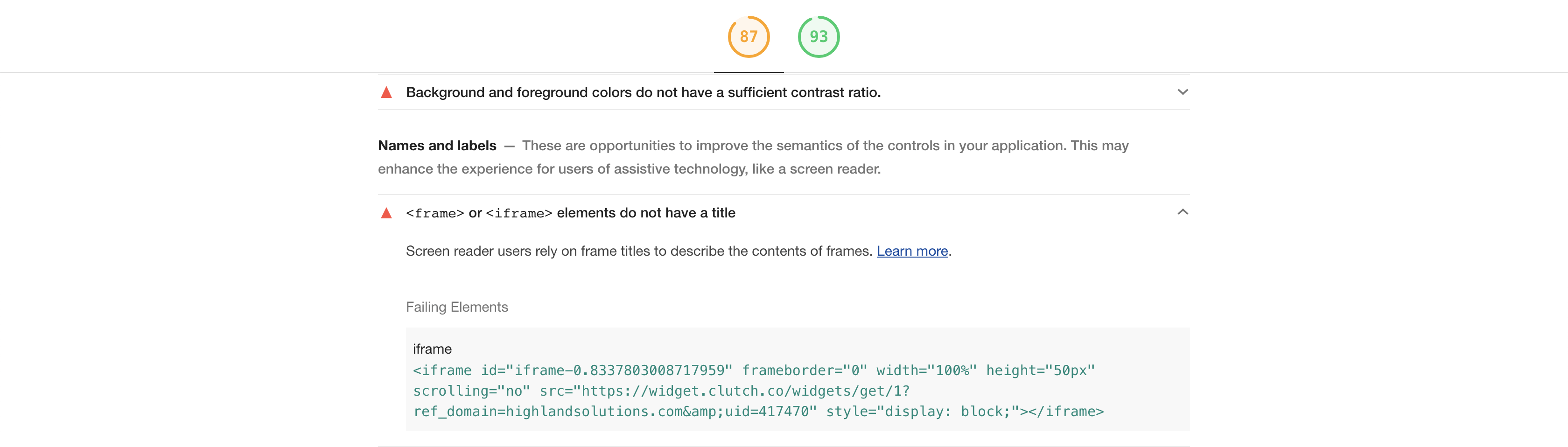 Alert, stating that Background and foreground colors do not have a sufficient contrast ratio