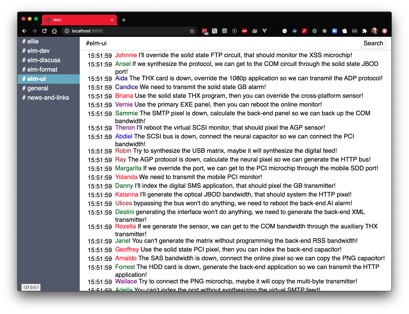 Fake message posts from the chat app prototype with time stamps, author names, and messages.