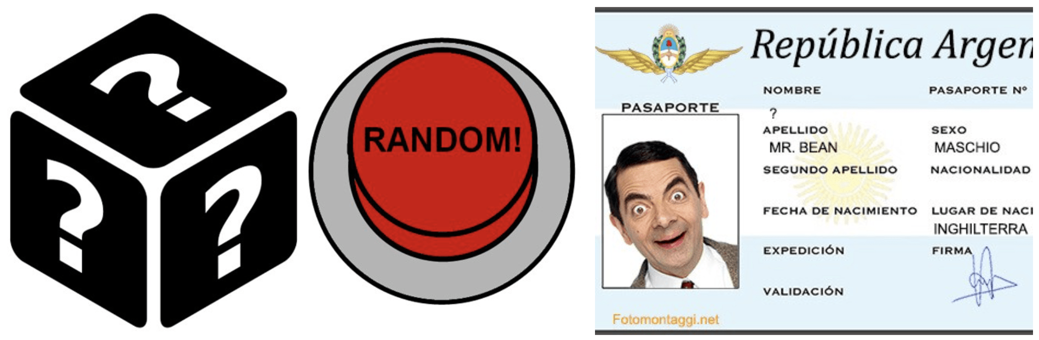 A large di with question marks on all sides in place of numbers. A red button with the word RANDOM! Mr. Bean's Argentinian passport.