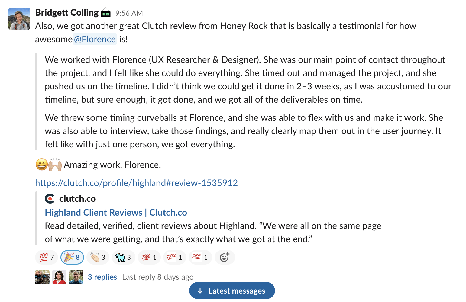 Highland's #Slack channel screenshot with a Clutch review shared, and many emoji/gif reacts from fellow Highlanders.