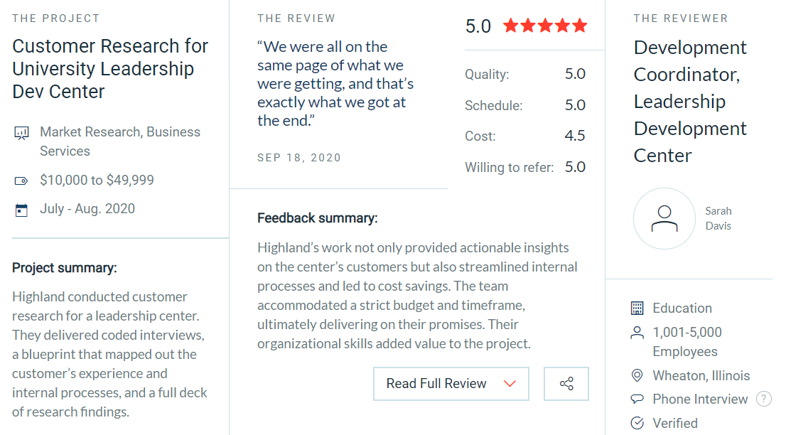 Clutch review snapshot shows a main pull quote, feedback summary, the project, the reviewer, and an overall score [ 5/5;) ]