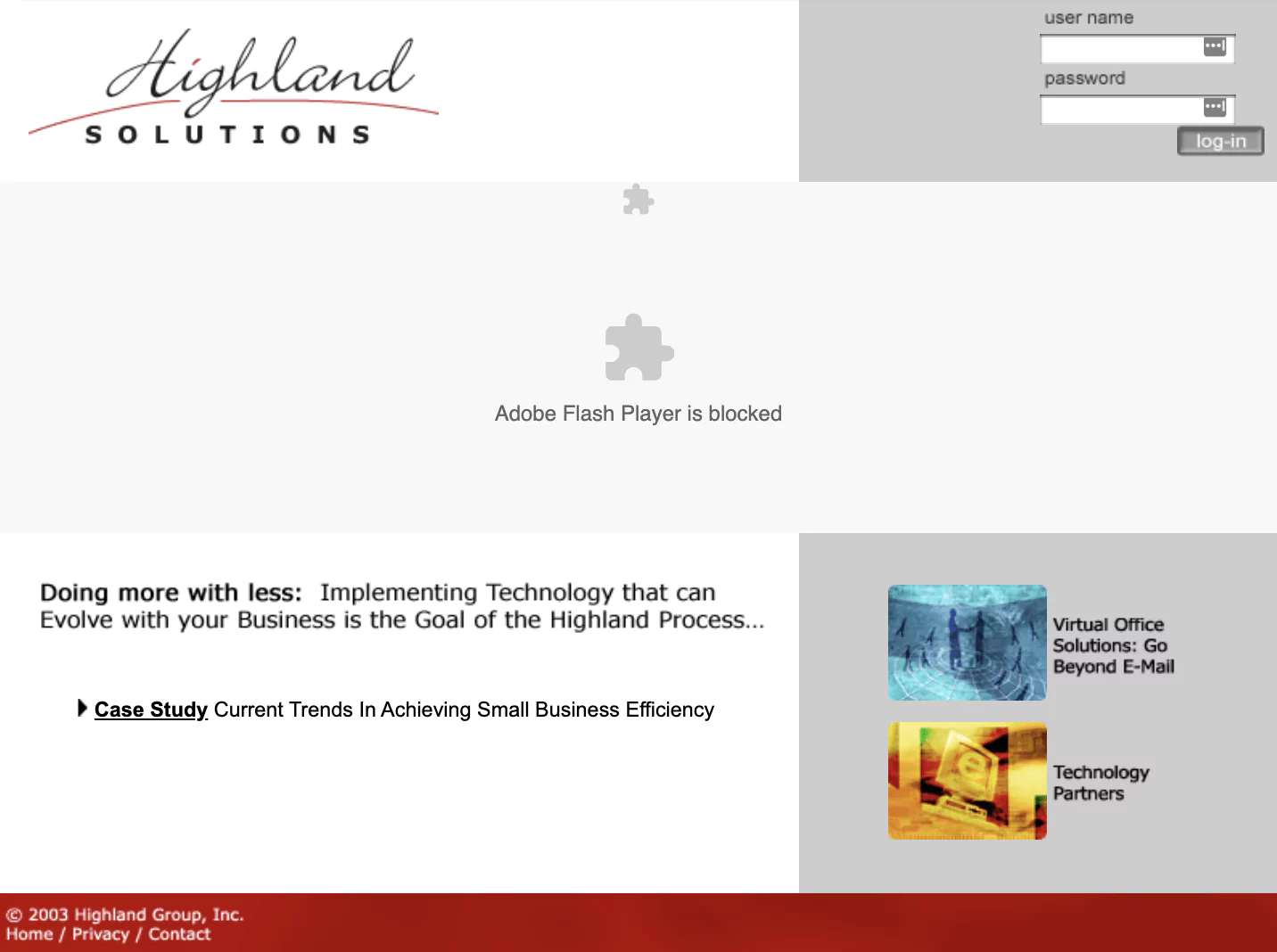 Highland's 2003 website, the Digital Experience Agency's early online presence, with an outdated Adobe Flash Player