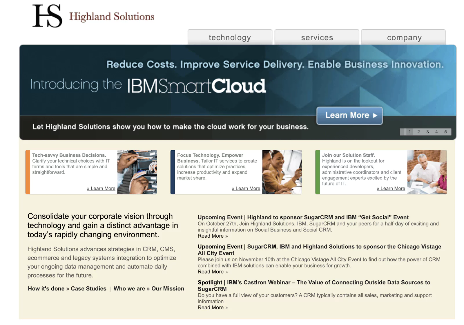 Screengrab of 2012 Highland Solutions website. Dated graphics, but now with tabs and linked buttons.