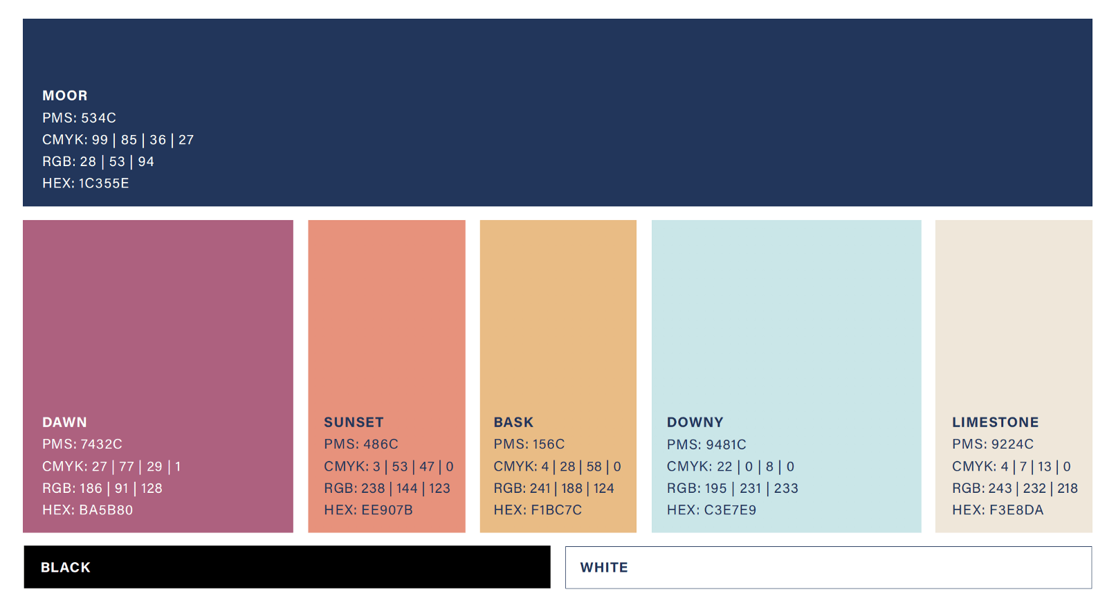 Highland's color palette: Moor, Dawn, Sunset, Bask, Downy, Limestone, Black and White