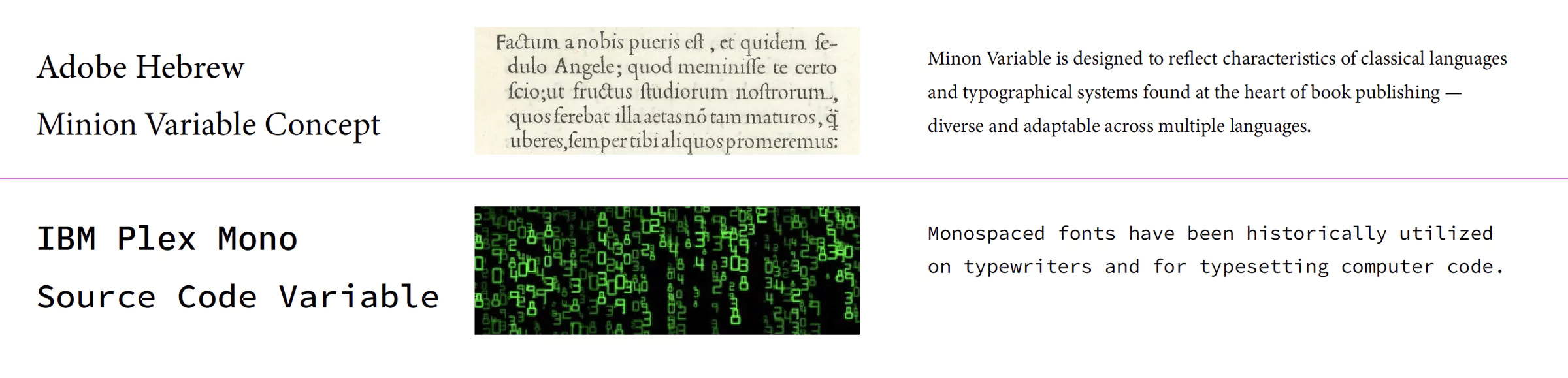 Typography inspiration for Highland Slab, with examples of Adobe Hebrew and IBM Plex Mono